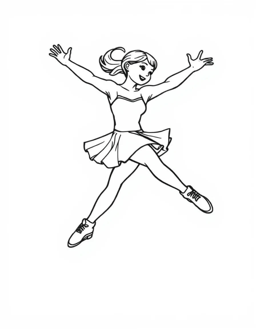 Coloriage Patinage - Patineur s'élevant dans les airs en réalisant une rotation d'Axel avec les bras serrés contre le corps, dessin clair.