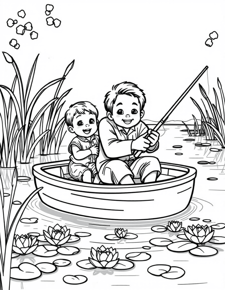 Coloriage Pêche - Enfant souriant et son grand-père pêchant en barque sur une rivière calme entourée de roseaux et de nénuphars, dessin clair.