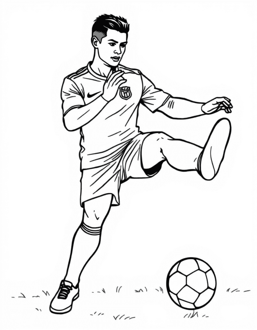 Coloriage Ronaldo - Ronaldo en posture de coup franc signature, jambes écartées et regard concentré avant de frapper, dessin clair.