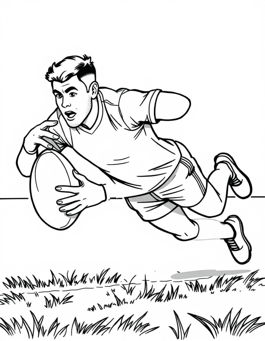 Coloriage Rugby - Joueur de rugby plongeant de tout son long sur l'herbe pour aplatir le ballon ovale et marquer un essai, contours nets.