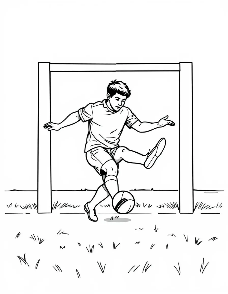 Coloriage Rugby - Buteur de rugby ajustant son tir de pénalité depuis le tee entre les poteaux en forme de H, dessin clair.