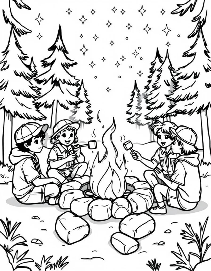 Coloriage Scout - Scouts assis autour d'un beau feu de camp faisant griller des guimauves au bout de branches sous les étoiles, dessin clair.