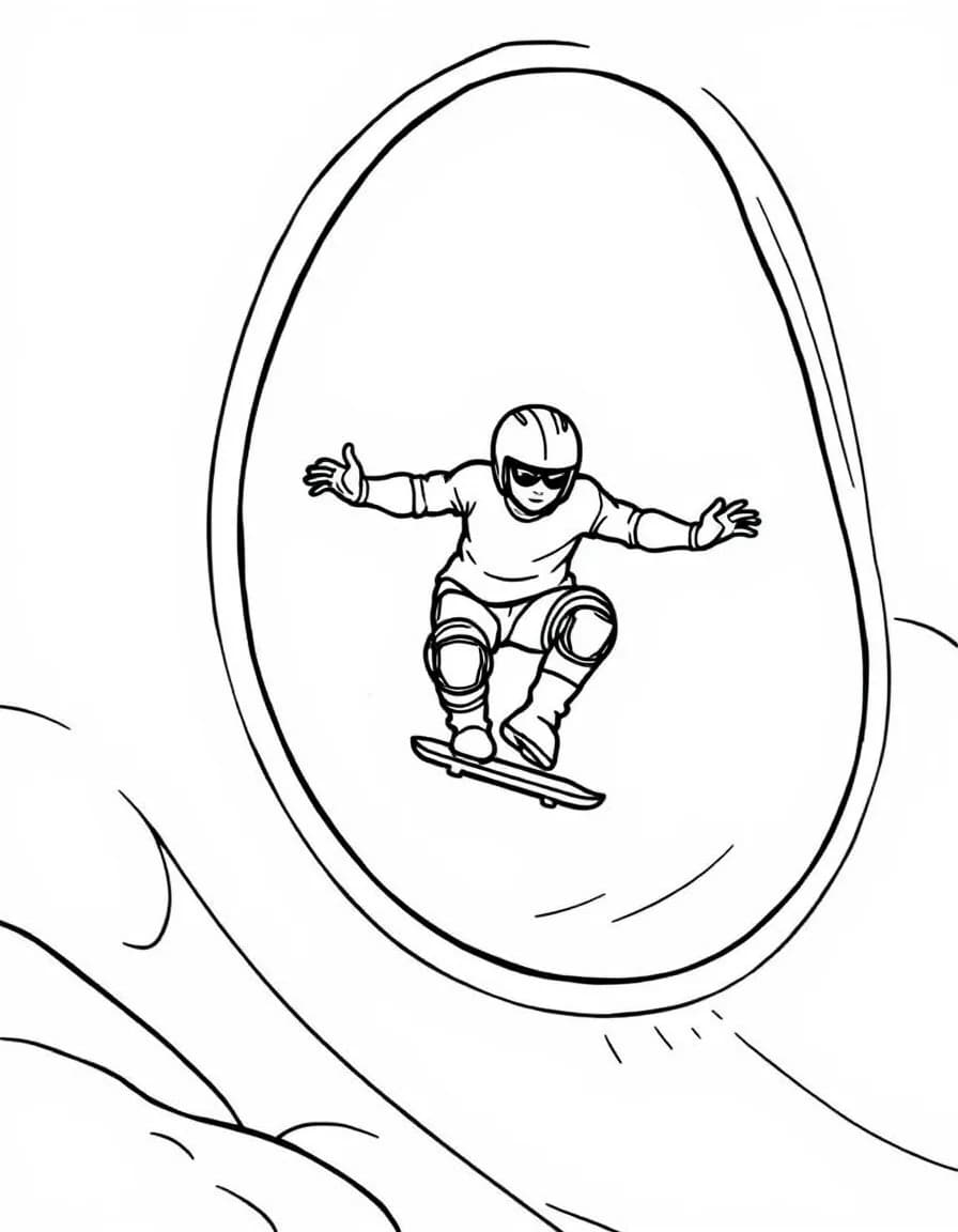 Coloriage Skateboard - Skateur casqué avec genouillères s'élançant du haut d'une grande rampe de half-pipe avec assurance, dessin clair.