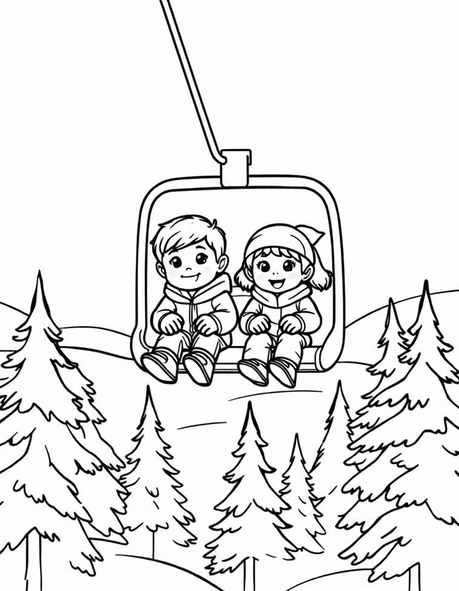 Coloriage Ski - Deux enfants ravis assis sur le télésiège survolant les sapins enneigés vers le sommet de la station, dessin clair.
