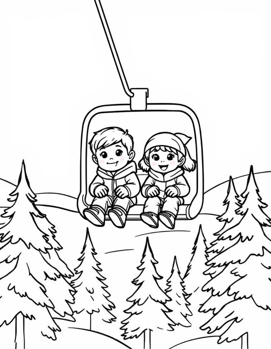 Coloriage Ski - Deux enfants ravis assis sur le télésiège survolant les sapins enneigés vers le sommet de la station, dessin clair.