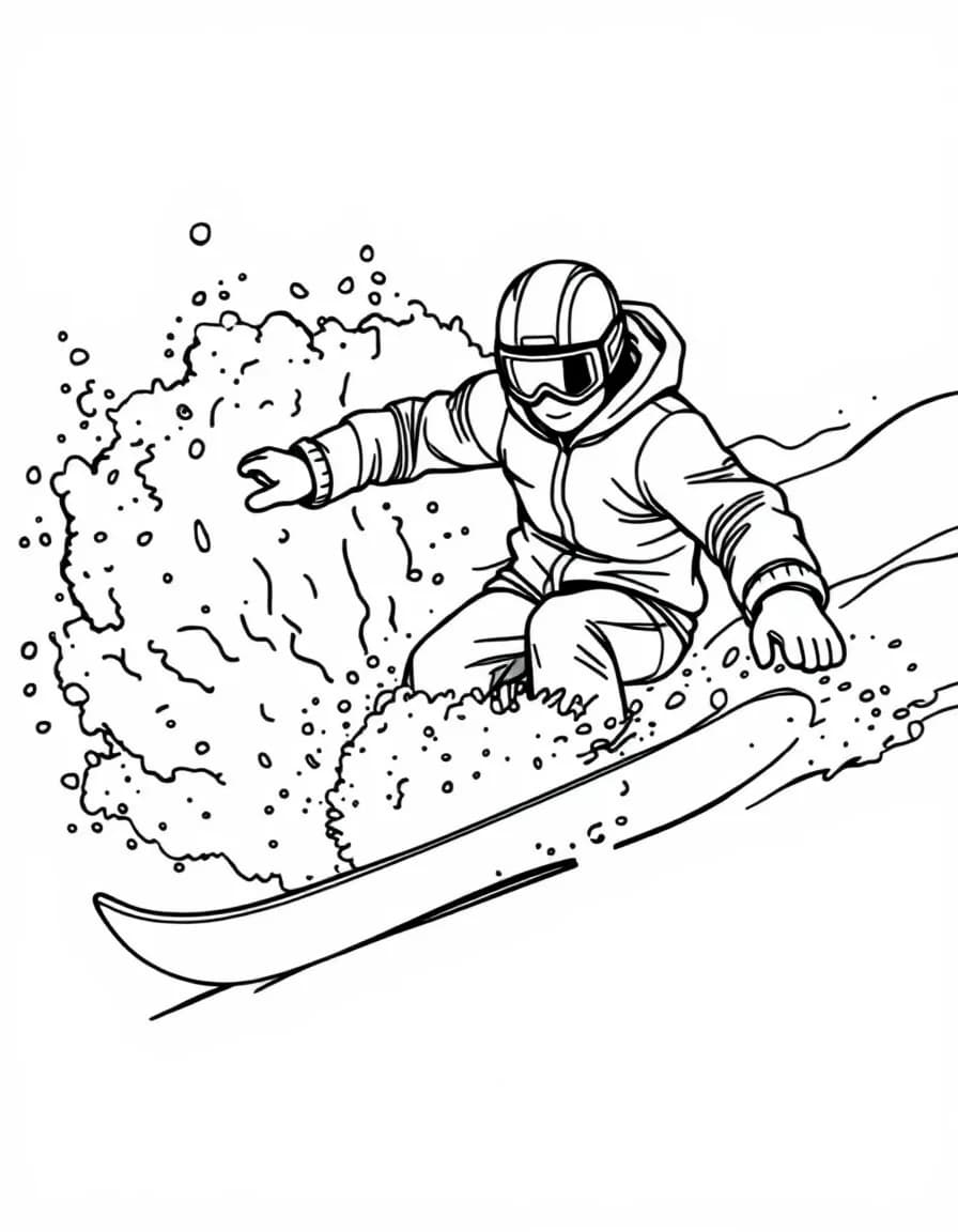 Coloriage Snowboard - Snowboardeur coupant un virage couché dans la neige poudreuse soulevant une belle vague blanche, dessin clair.