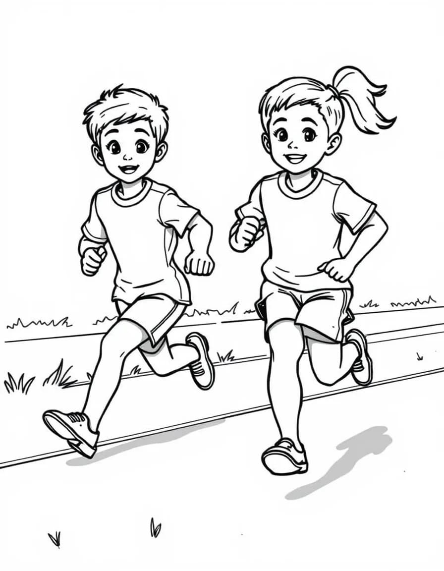 Coloriage Sport - Course de relais scolaire avec un jeune coureur tendant le témoin à son partenaire sur la piste, dessin clair.