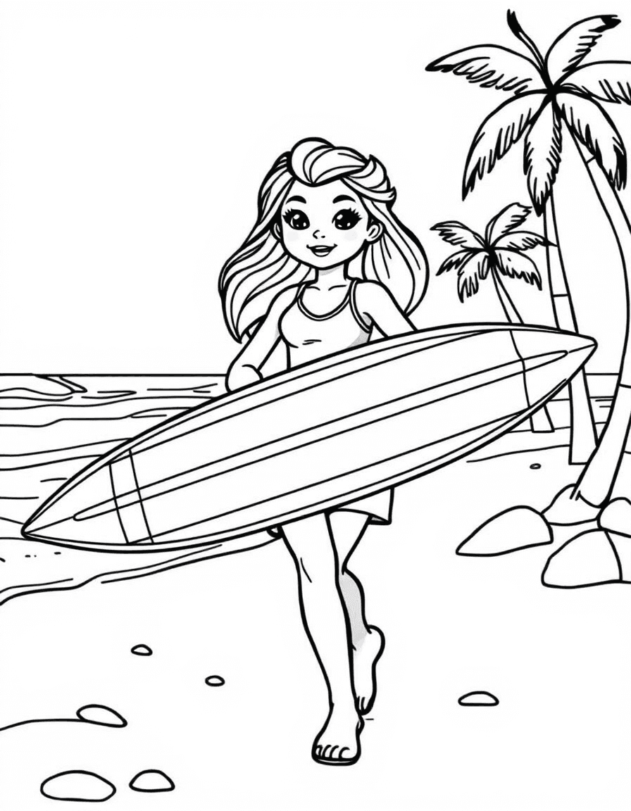 Coloriage Surf - Surfeuse souriante marchant sur la plage de sable sa planche sous le bras bordée de cocotiers, dessin clair.