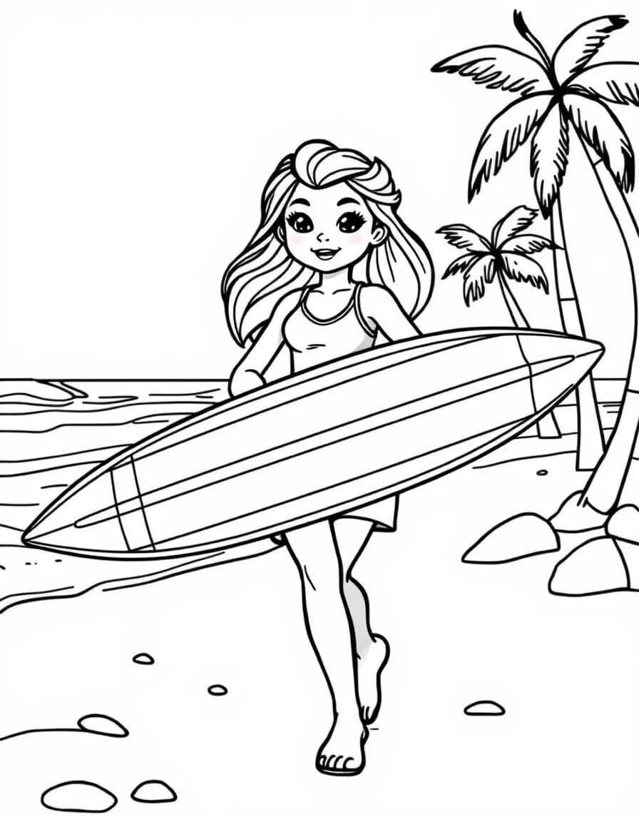 Coloriage Surf - Surfeuse souriante marchant sur la plage de sable sa planche sous le bras bordée de cocotiers, dessin clair.