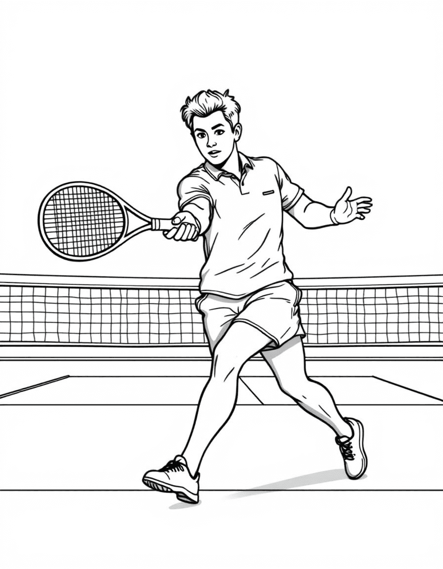 Coloriage Tennis - Joueur de tennis exécutant un revers à deux mains appliqué sur un court en terre battue, dessin clair.