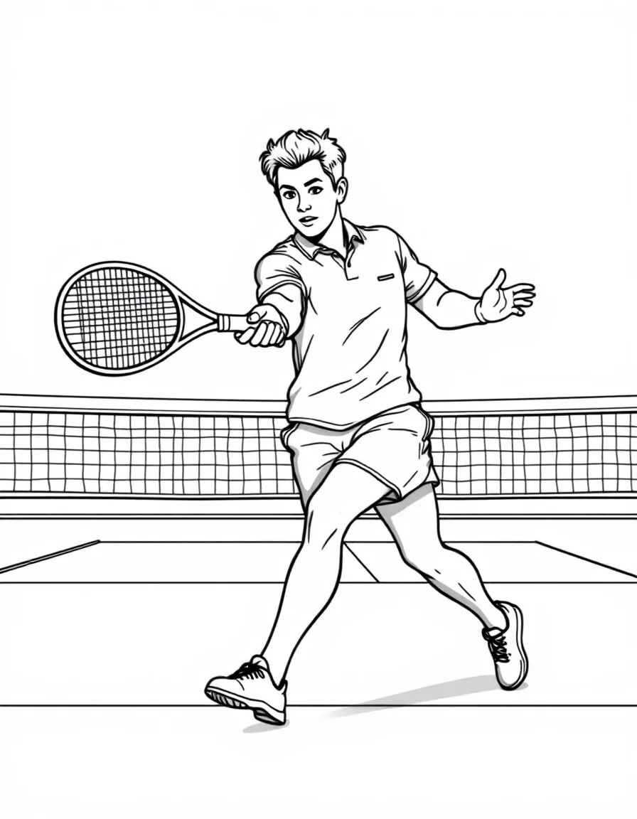 Coloriage Tennis - Joueur de tennis exécutant un revers à deux mains appliqué sur un court en terre battue, dessin clair.