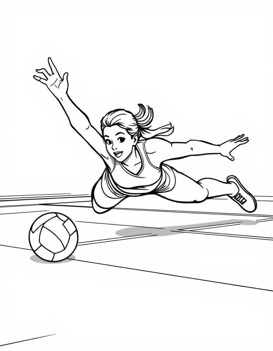 Coloriage Volley - Joueur plongeant sur le sol du terrain pour sauver le ballon en manchette de justesse, dessin clair.