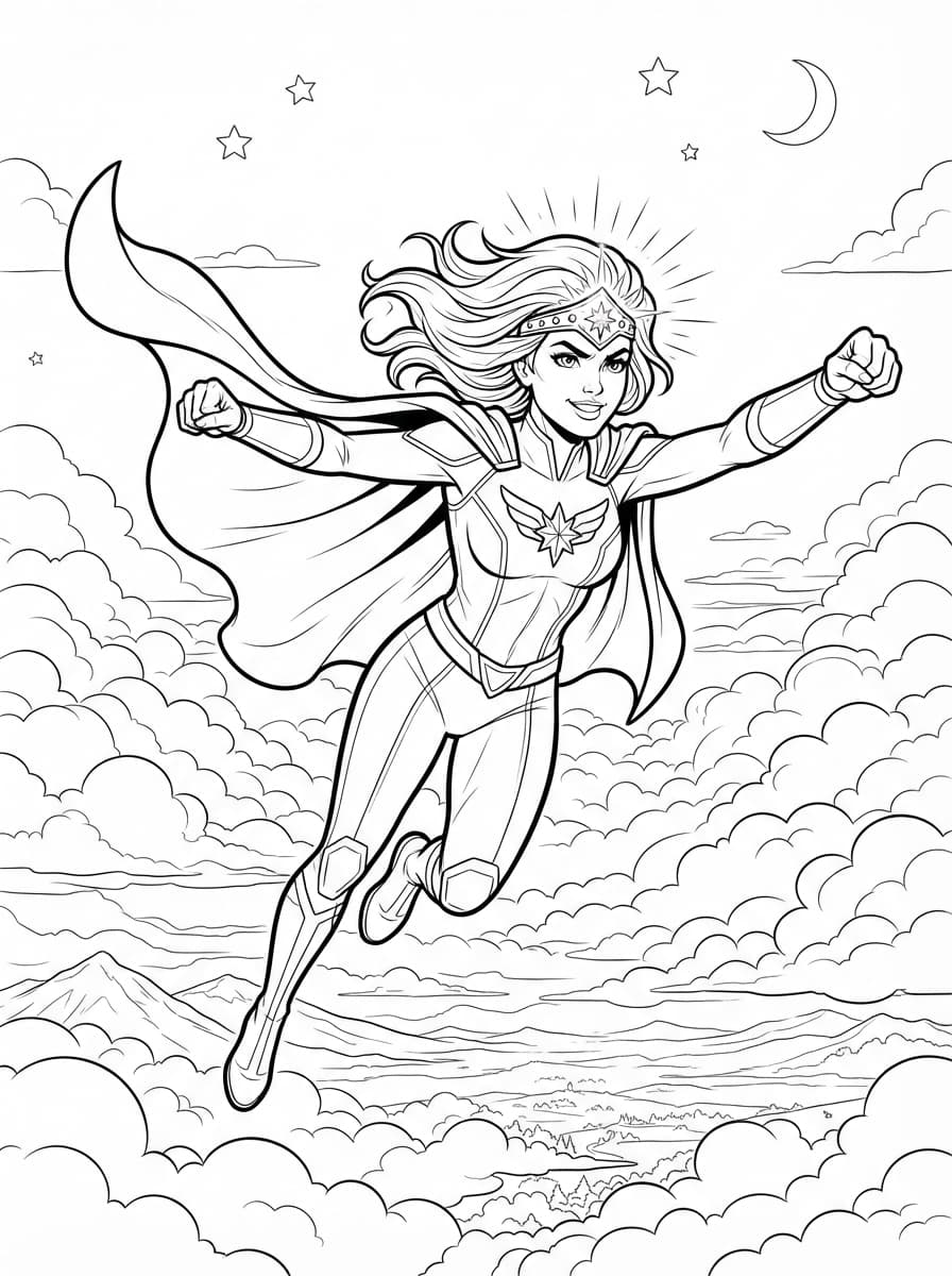 Coloriage La Super-Héroïne au-dessus des Nuages