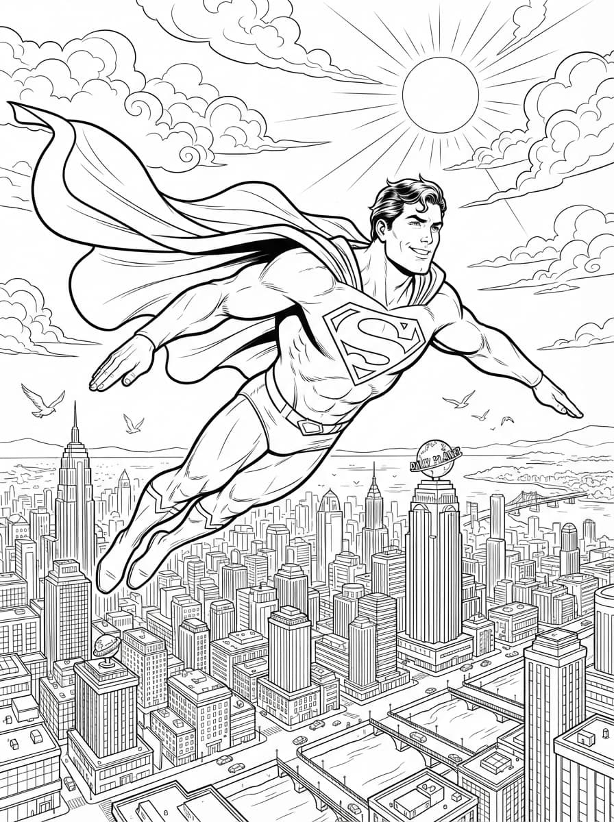 Coloriage Superman au-dessus de Metropolis