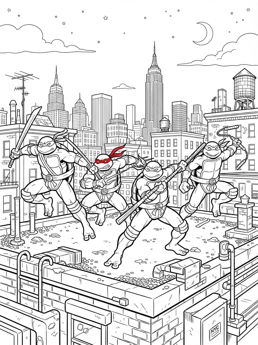 Coloriage Les Tortues Ninja Prêtes à l'Action sur les Toits