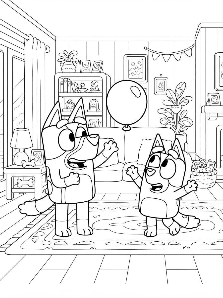 Coloriage Bluey et Bingo : Le jeu du ballon sauteur