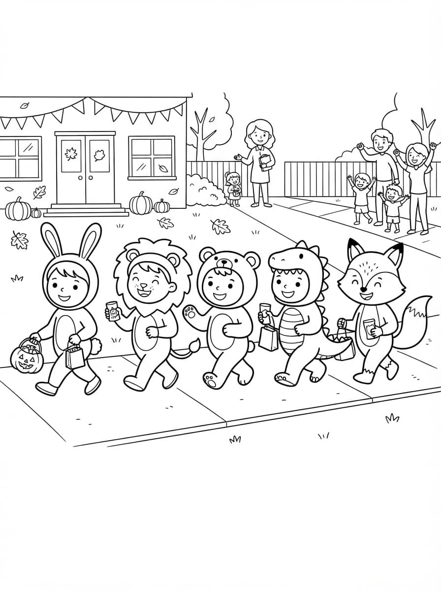 Coloriage Le Joyeux Défilé d'Halloween des Tout-Petits