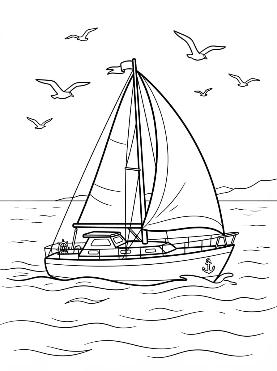 Coloriage Le Voilier et les Mouettes Joyeuses