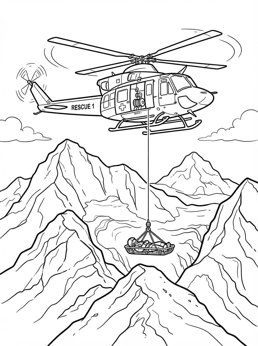 Coloriage Hélicoptère de Secours en Haute Montagne